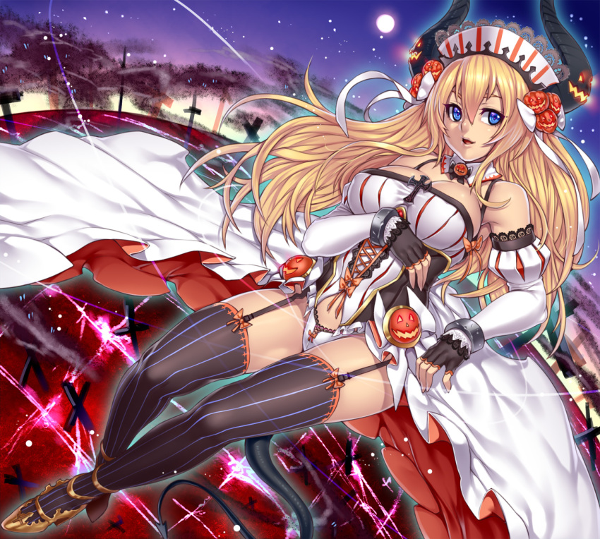 1girl bare_shoulders black_gloves black_thighhighs blonde_hair blue_eyes breasts cross cuffs demon_girl demon_horns detached_collar detached_sleeves female_focus fingerless_gloves garter_straps gloves grave hair_ribbon halloween hat high_heels highres horns houtengeki large_breasts long_hair looking_at_viewer night night_sky original panties puffy_sleeves ribbon shackles shoes sky solo striped_clothes striped_thighhighs tail thighhighs thighs underwear vertical-striped_clothes vertical-striped_thighhighs white_panties