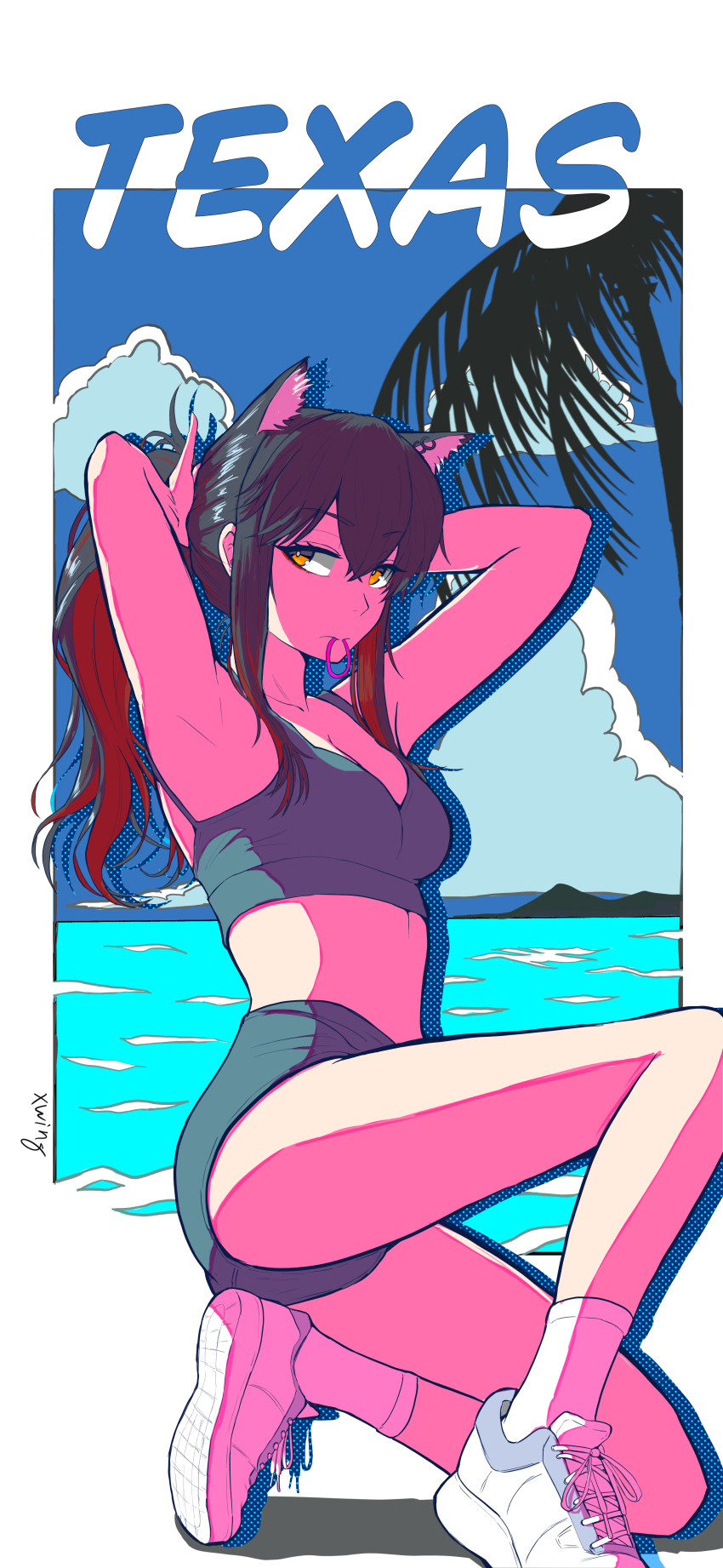 1girl absurdres animal_ears arknights arms_behind_head arms_up black_hair breasts character_name closed_mouth colored_inner_hair commentary_request crop_top drop_shadow full_body grey_shorts grey_sports_bra hair_between_eyes hair_tie hair_tie_in_mouth halftone hands_in_own_hair highres korean_commentary long_hair medium_breasts mouth_hold multicolored_hair on_one_knee red_hair shoes short_shorts shorts sleeveless sneakers solo sports_bra texas_(arknights) tying_hair white_shoes wolf_ears wolf_girl xwing47 yellow_eyes