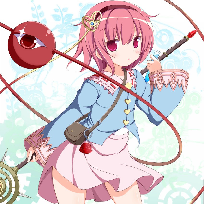 1girl alchemist bag blush female_focus hairband heart highres komeiji_satori md5_mismatch nikku_(ra) pink_eyes pink_hair shirt shoulder_bag skirt solo staff third_eye touhou