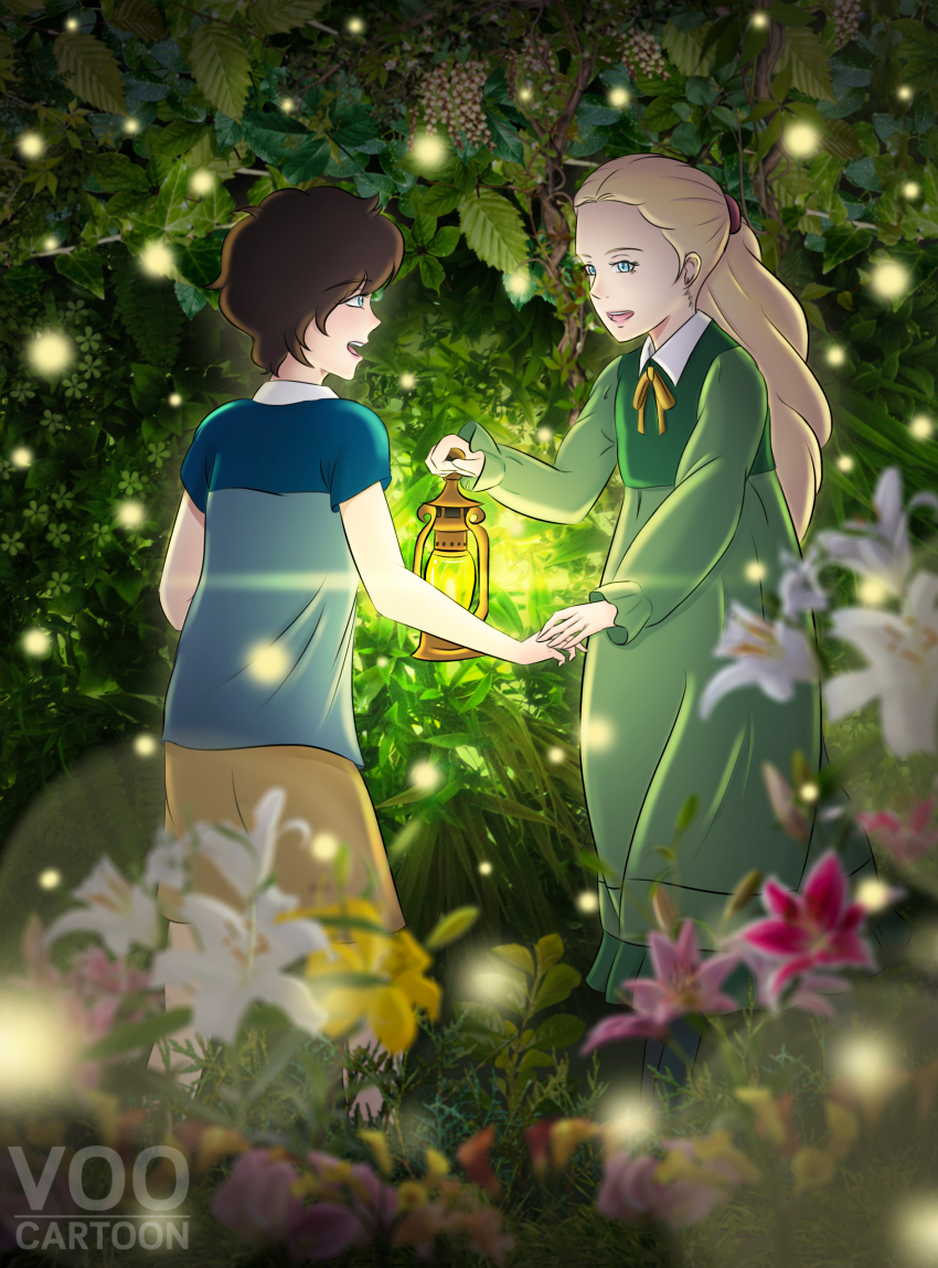 2girls :d absurdres anna_(omoide_no_marnie) blonde_hair blue_eyes blurry bokeh brown_hair calla_lily collar commentary depth_of_field dress english_commentary flower flower_request foliage green_dress green_flower hand_grab highres holding kerosene_lamp lantern leaf lily_(flower) long_dress long_hair long_sleeves looking_at_another marnie_(omoide_no_marnie) multiple_girls omoide_no_marnie open_mouth orange_flower pieris_japonica pink_flower shirt short_hair short_sleeves shorts smile studio_ghibli voocartoon white_collar white_flower white_lily yuri