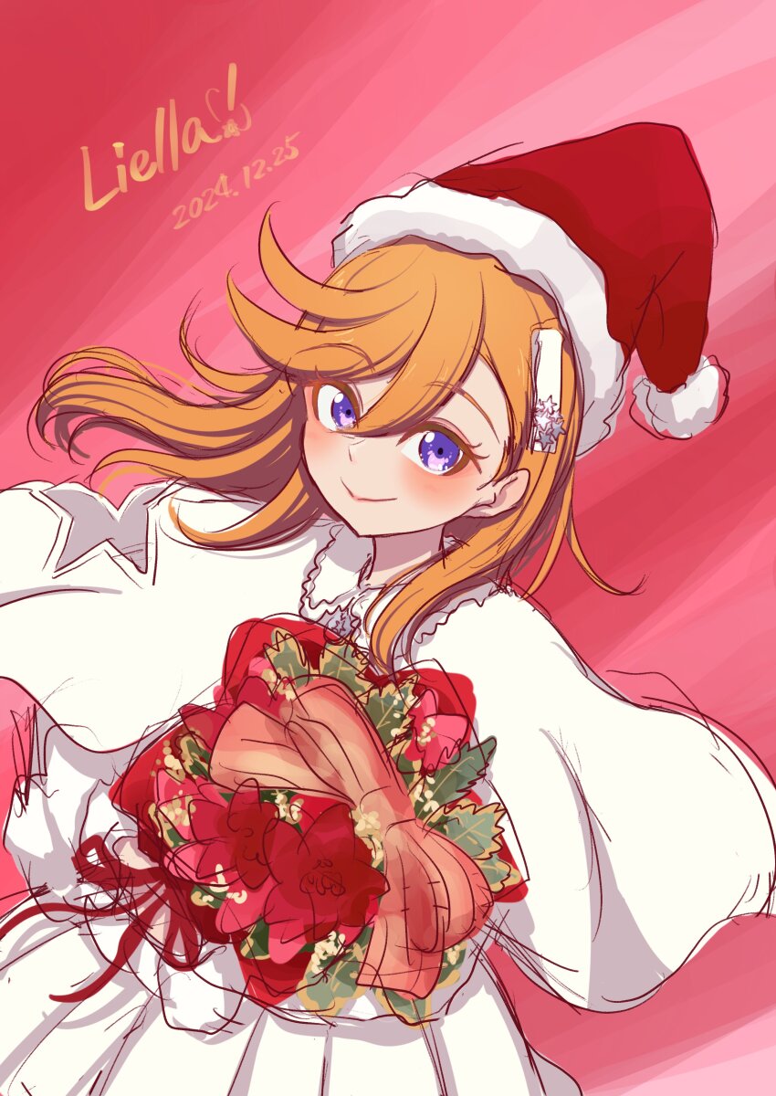 1girl absurdres blush capelet christmas closed_mouth commentary_request dated dress floating_hair hair_between_eyes hat highres long_hair long_sleeves love_live! love_live!_superstar!! orange_hair purple_eyes red_background red_hat santa_hat seiha_(hnumkt) shibuya_kanon smile solo swept_bangs white_capelet white_dress