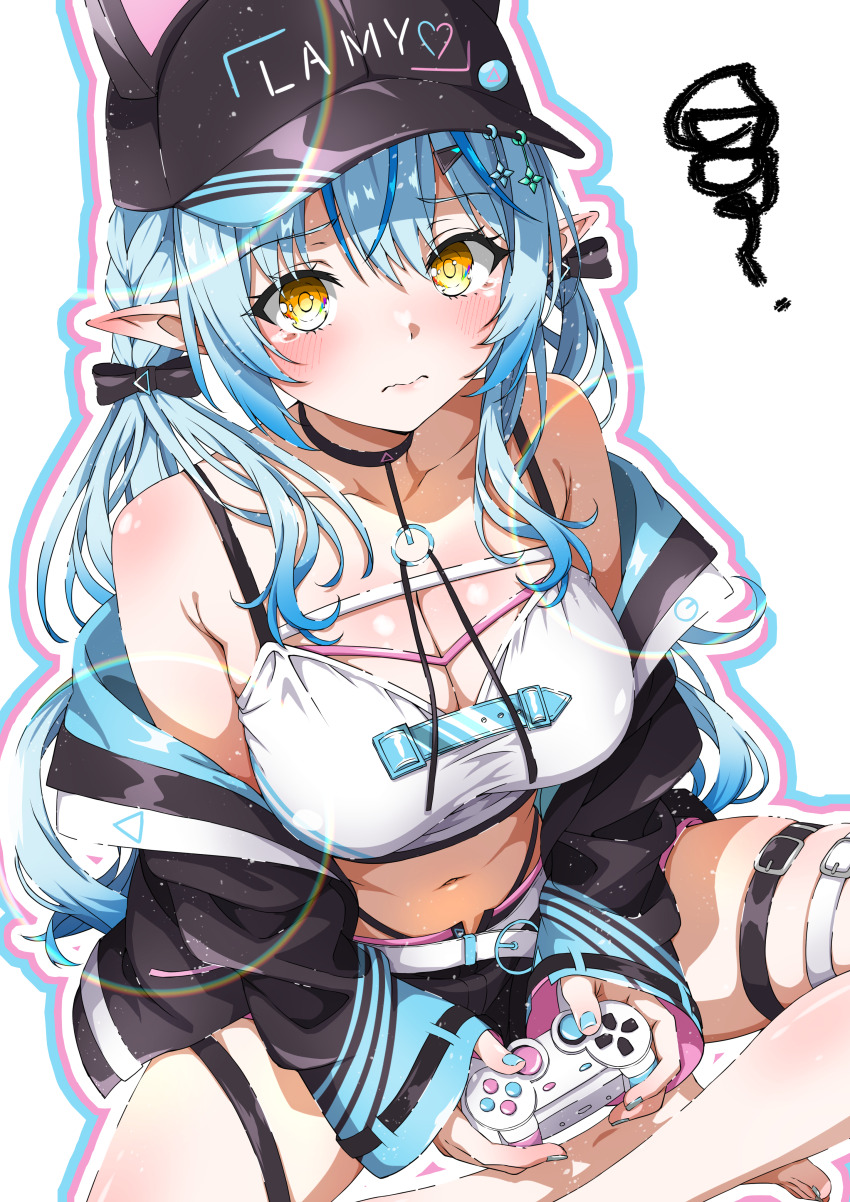 1girl absurdres anime_coloring bare_shoulders baseball_cap black_choker black_shorts blue_hair blush breasts butterfly_sitting choker controller crop_top hat highleg highleg_panties highres holding holding_controller hololive isakoro_(hx9cj) jacket looking_at_viewer midriff navel off_shoulder open_clothes open_jacket panties playing_games pointy_ears shirt short_shorts shorts simple_background sitting sleeveless sleeveless_shirt solo stomach thigh_strap twintails underwear virtual_youtuber white_background yellow_eyes yukihana_lamy