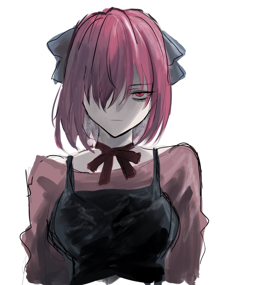 1girl akai_ringo_(eveyuno) bags_under_eyes black_bow black_dress blue_ribbon bow breasts closed_mouth commentary_request dress elfen_lied grey_hair grey_shirt hair_over_one_eye hair_ribbon highres long_sleeves lucy_(elfen_lied) medium_breasts ribbon sanpaku shirt shirt_under_dress short_hair simple_background sleeveless sleeveless_dress solo white_background