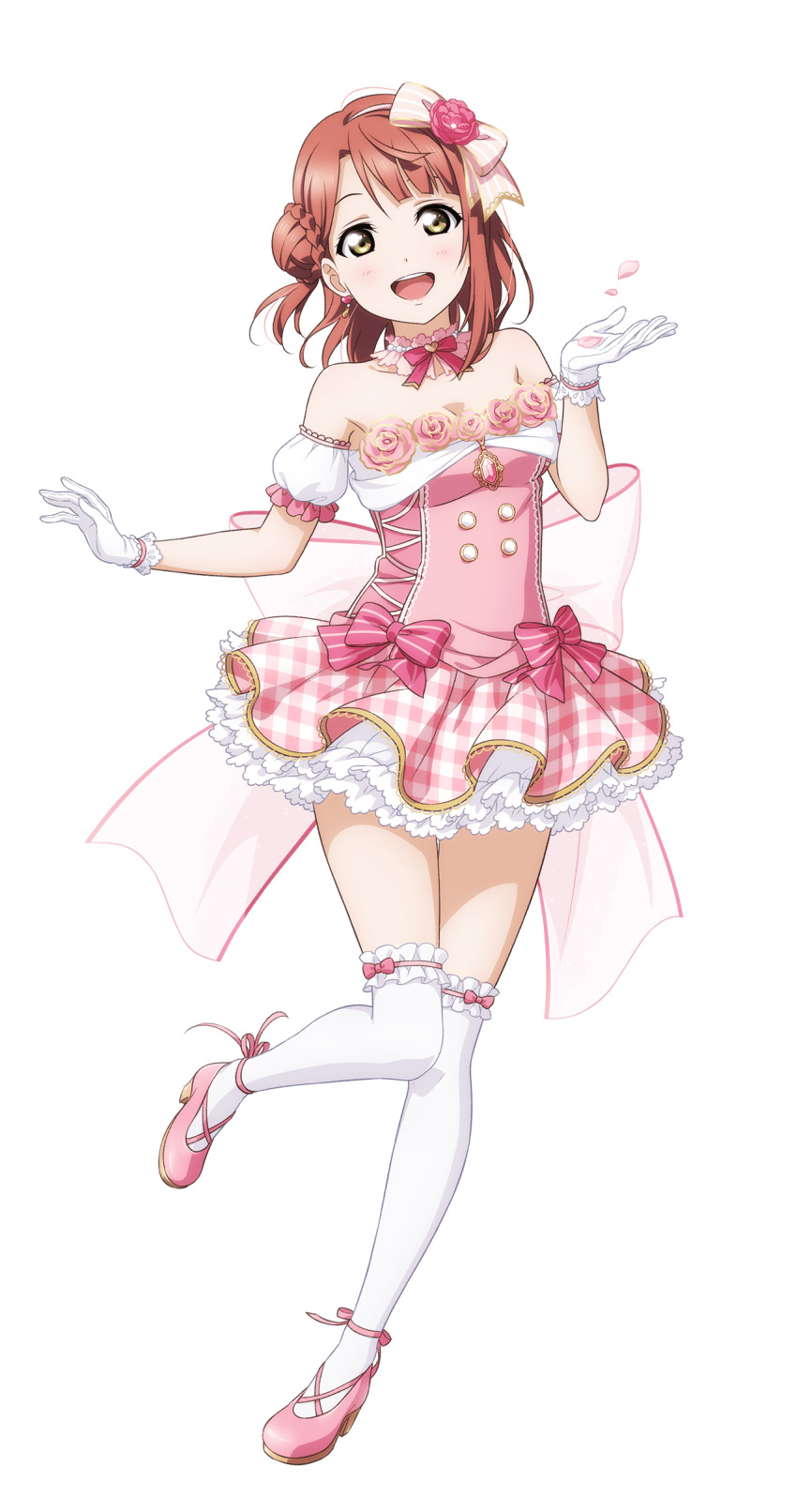 1girl :d absurdres bare_shoulders blunt_bangs blush bow breasts bun_with_braided_base cleavage collarbone detached_sleeves dress flower frilled_dress frilled_gloves frills full_body gingham_dress gloves hair_bow hair_bun hair_flower hair_ornament half_updo hands_up high_heels highres leg_up looking_at_viewer love_live! love_live!_nijigasaki_high_school_idol_club love_live!_school_idol_festival_all_stars medium_breasts medium_hair official_alternate_costume official_art open_mouth orange_hair over-kneehighs pink_bow pink_dress pink_flower pink_petals pink_shoes pinstripe_bow puffy_short_sleeves puffy_sleeves shoes short_dress short_sleeves simple_background single_side_bun smile solo standing standing_on_one_leg strapless strapless_dress swept_bangs thighhighs transparent_background uehara_ayumu white_gloves white_thighhighs yellow_eyes yume_e_no_ippo
