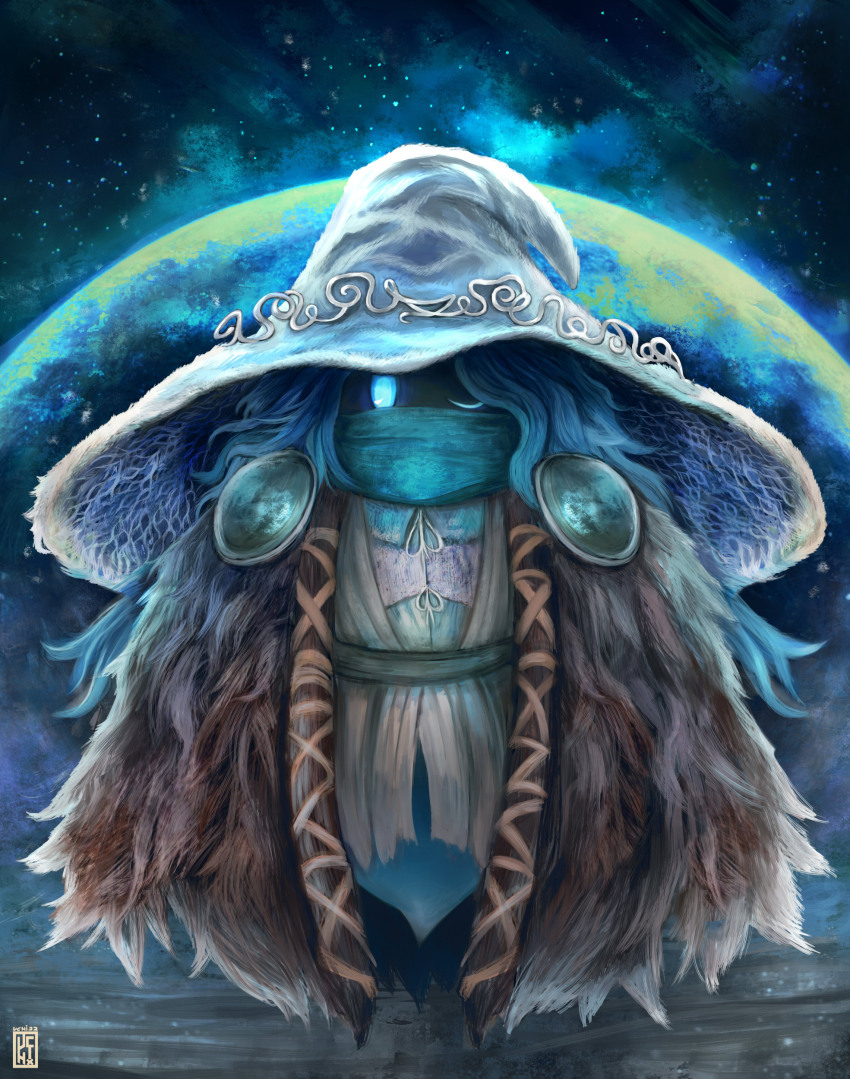 1girl absurdres blue_hair blue_scarf cape cosplay crossover drawcia dress elden_ring full_moon fur_cape hat highres kirby_(series) kirby_canvas_curse long_hair looking_at_viewer moon nintendo no_humans one_eye_closed ranni_the_witch ranni_the_witch_(cosplay) scarf solo space star_(sky) uchi_vs_the_world watermark white_hat witch witch_hat