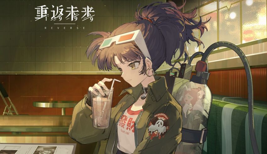 1girl 3d_glasses :3 alraune an-an_lee backpack bag bell_jar black_choker black_gloves black_hair booth_seating choker clothes_writing copyright_name cup drink drinking_glass drinking_straw earrings eyewear_on_head fingerless_gloves from_side gloves green_jacket hand_up highres holding holding_cup hoop_earrings hose indoors jacket jewelry logo looking_down medium_hair monster_girl official_art plant_girl ponytail profile restaurant reverse:1999 shirt sitting slice_of_life solo table upper_body white_shirt window yellow_eyes yin_yang