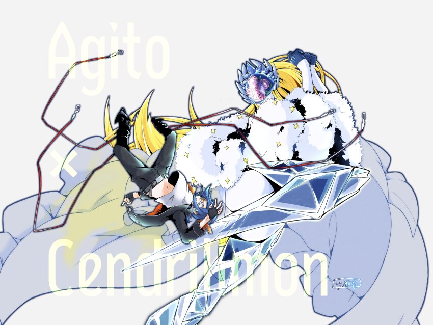 1boy 1girl absurdres armor belt blonde_hair blue_hair cendrillmon digimon highres long_hair mask