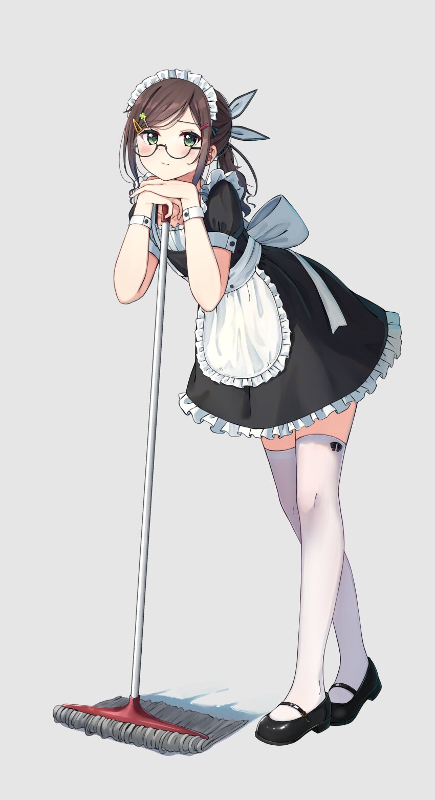 1girl absurdres apron black_dress black_shoes breasts brown_hair dress enuni full_body glasses green_eyes hair_ornament hairclip highres leaning_forward long_hair maid_apron maid_headdress mary_janes mop original ponytail shoes short_sleeves small_breasts solo standing thighhighs wrist_cuffs