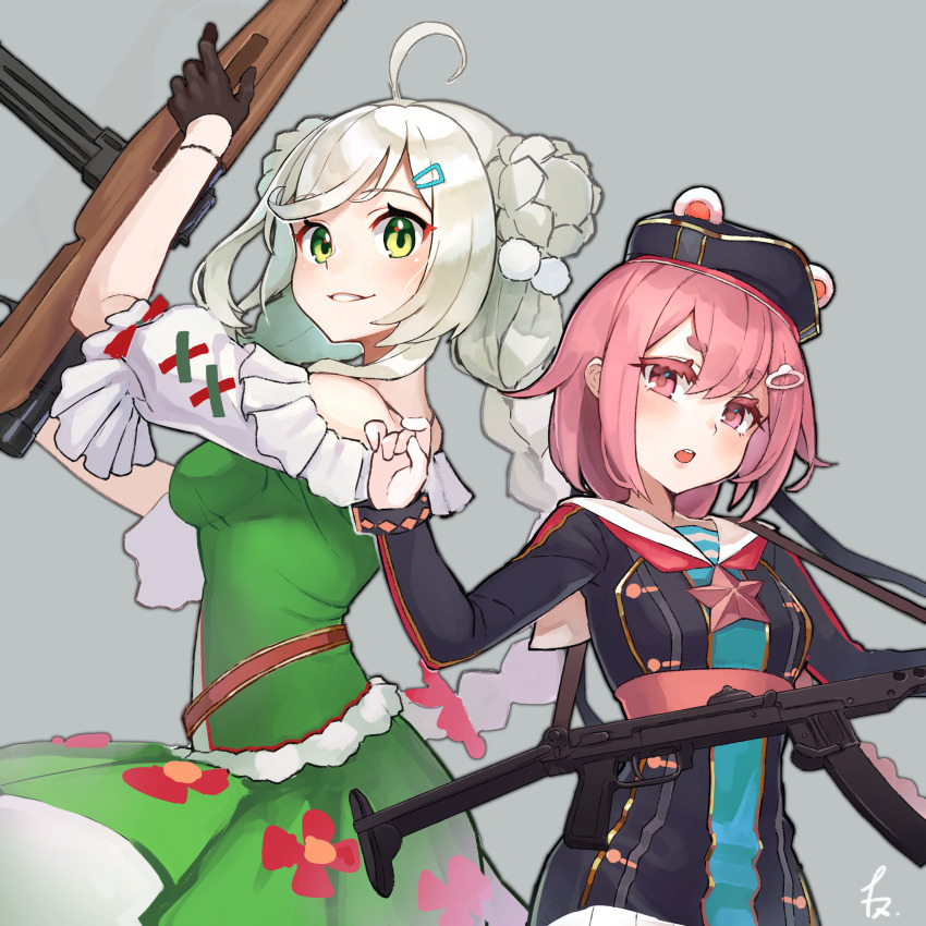 2girls 43m_(girls&#039;_frontline) absurdres ahoge animal_ears braid commission commissioner_upload danuvia_43m girls&#039;_frontline gloves green_eyes gun hair_ornament hairpin highres hungarian_clothes inomata_konomu looking_at_viewer multiple_girls panda_ears pink_eyes pink_hair pps-43 pps-43_(girls&#039;_frontline) sailor sailor_collar simple_background skeb_commission smile soviet_army submachine_gun weapon white_hair