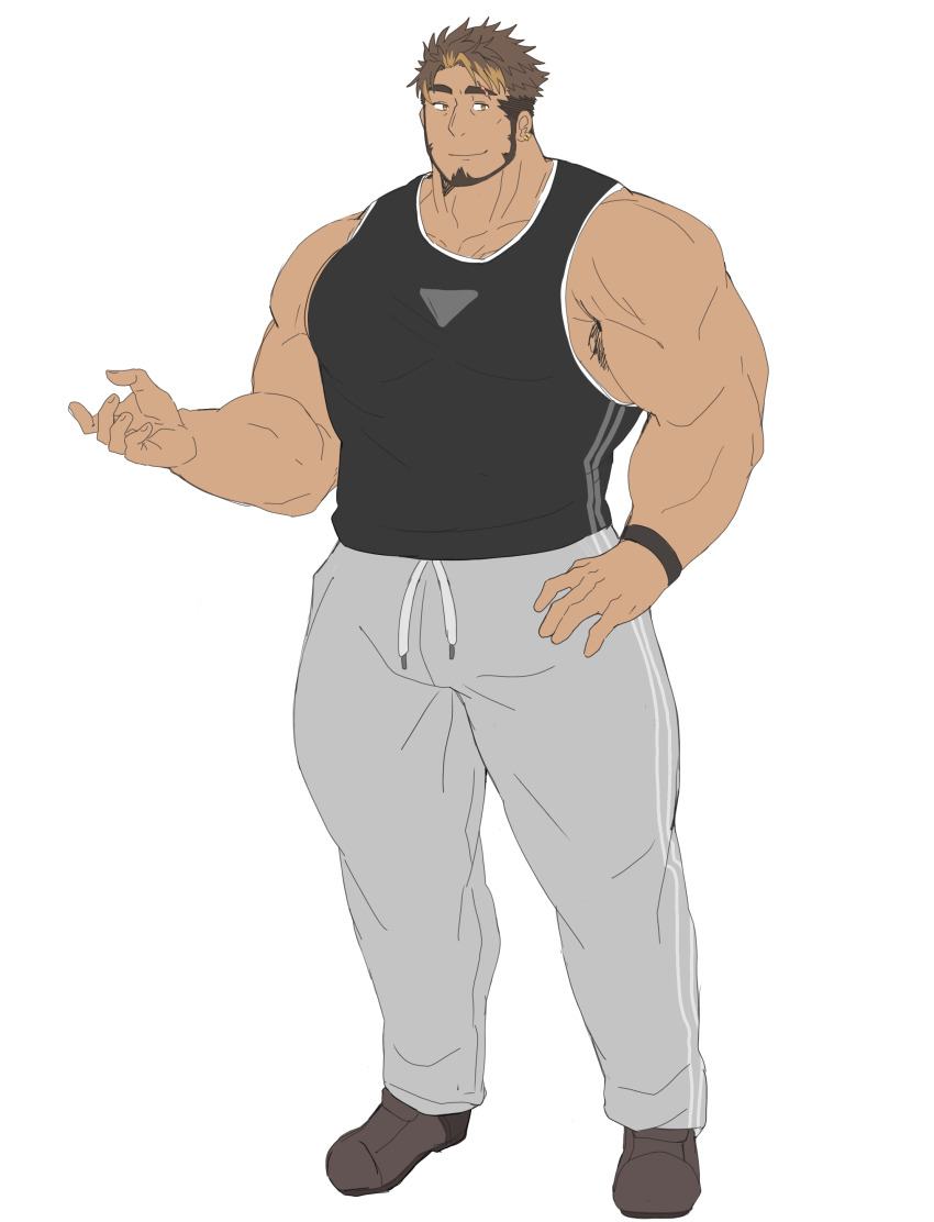 1boy absurdres armpit_hair armpit_hair_peek bara beard black_male_underwear black_tank_top brown_hair bulge facial_hair hand_up highres introduction jockstrap large_pectorals leoandaslan_(leobongnana) light_brown_hair looking_at_viewer male_focus male_underwear mature_male multicolored_hair muscular muscular_male original pants pectorals short_hair sleeveless smile solo sparse_chest_hair standing streaked_hair sylvan_(leoandaslan) tank_top thick_eyebrows track_pants underwear