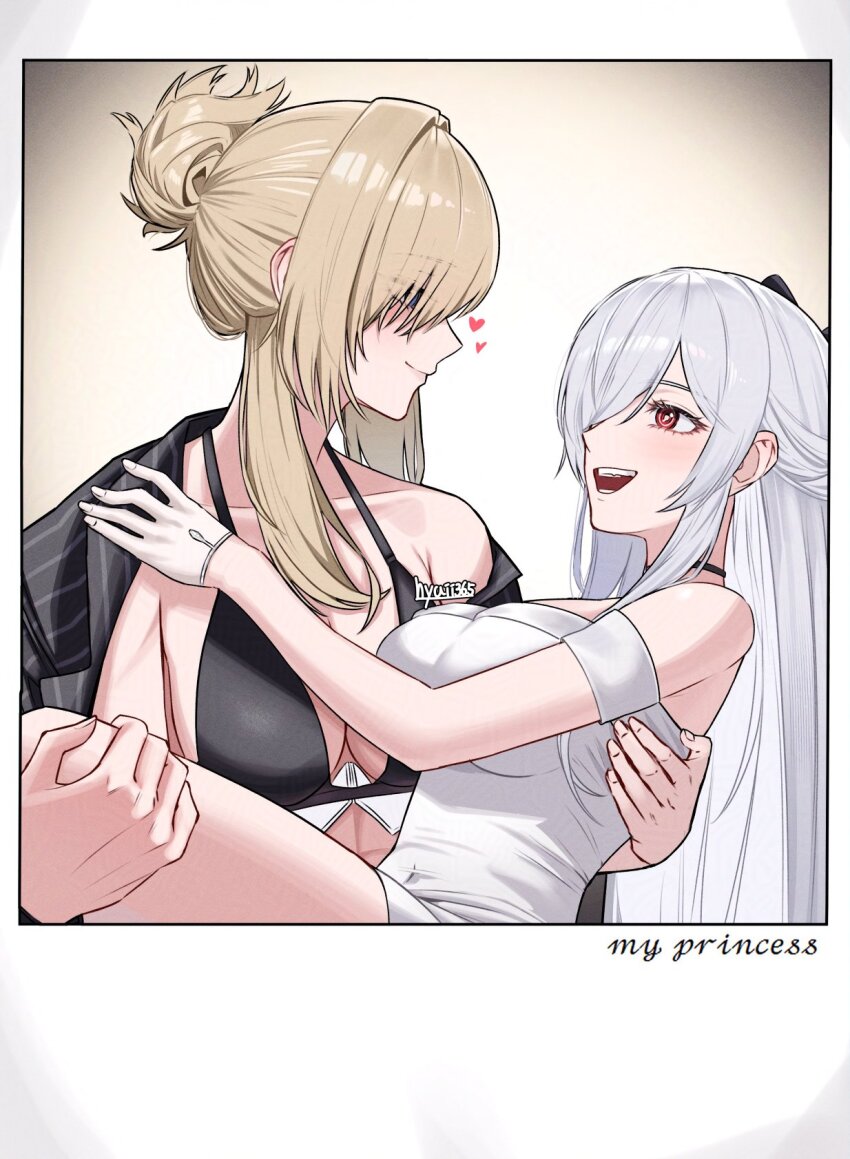 2girls artist_name bikini black_bikini black_border black_choker blonde_hair blue_eyes border breasts carrying carrying_person choker cinderella_(beautiful_me)_(nikke) cinderella_(nikke) cleavage closed_mouth commentary dress english_commentary folded_ponytail formal_clothes goddess_of_victory:_nikke grave_(beautiful_you)_(nikke) grave_(nikke) grey_dress hair_over_one_eye halterneck heart highres hyuiil365 jacket jacket_on_shoulders large_breasts looking_at_another multiple_girls multiple_scars official_alternate_hairstyle open_mouth pinstripe_jacket pinstripe_pattern pinstripe_suit ponytail princess_carry red_eyes scar short_ponytail sidelocks simple_background single_bare_shoulder smile suit swimsuit taut_clothes taut_dress white_background white_hair yuri