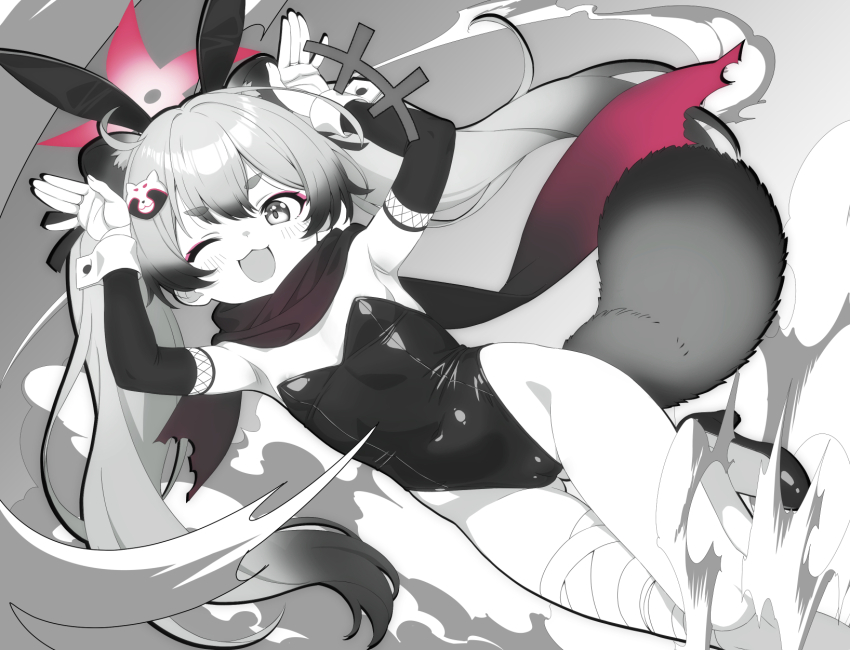 +++ 1girl ;3 ;d alternate_costume animal_ear_fluff animal_ears armpits bandaged_leg bandages bare_shoulders black_footwear black_leotard black_scarf blue_archive blush breasts cameltoe commentary_request covered_navel cowlick dutch_angle eyeshadow fake_animal_ears floating_hair foot_out_of_frame gluteal_fold grey_background grey_eyes grey_hair greyscale groin hair_between_eyes halo happy high_heels highleg highleg_leotard highres leotard long_hair looking_at_viewer makeup michiru_(blue_archive) monochrome mutsuse one_eye_closed open_mouth paid_reward_available pink_eyeshadow pink_halo puff_of_air rabbit_ears rabbit_pose raccoon_ears raccoon_girl raccoon_tail scarf short_eyebrows simple_background small_breasts smile solo spot_color standing standing_on_one_leg strapless strapless_leotard tail thick_eyebrows thigh_gap thighs twintails very_long_hair