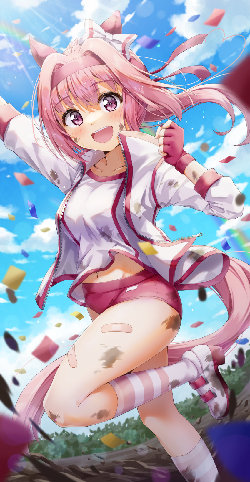 1girl :d arm_up bandaid bandaid_on_leg blue_sky blush breasts buruma cloud cloudy_sky collarbone commentary_request day dirty dirty_clothes dirty_face feet_out_of_frame fingerless_gloves flower-shaped_pupils gloves groin hand_up haru_urara_(umamusume) highres horse_girl jacket kuria_(clear_trip_second) long_hair mud navel open_clothes open_jacket open_mouth outdoors pink_hair ponytail purple_eyes red_buruma red_gloves running shirt shoes sky small_breasts smile socks solo striped_clothes striped_socks symbol-shaped_pupils teeth umamusume upper_teeth_only white_jacket white_shirt white_shoes
