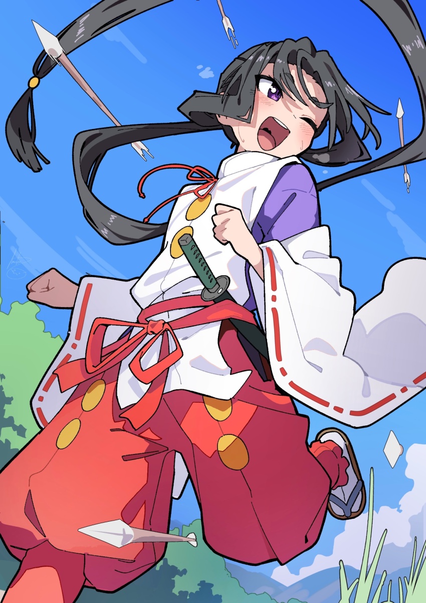 1boy arrow_(projectile) bishounen black_hair blush clenched_hands hakama hanten_(hantennano) highres houjou_tokiyuki_(nige_jouzu_no_wakagimi) japanese_clothes kariginu long_hair long_sleeves male_focus nige_jouzu_no_wakagimi one_eye_closed open_mouth outdoors ponytail purple_eyes red_sash running sandals sash sidelocks_tied_back sky smile socks sword teeth upper_teeth_only very_long_hair weapon white_socks wide_sleeves