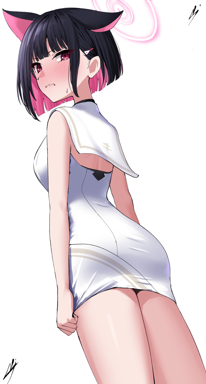 1girl absurdres alternate_costume animal_ears black_hair blue_archive blush breasts cat_ears colored_inner_hair commentary_request cowboy_shot dress extra_ears hair_ornament hairclip halo highres kazusa_(blue_archive) medium_breasts multicolored_hair nichijou_(nichijoutouhou) pink_hair pink_halo red_eyes short_hair signature simple_background sleeveless sleeveless_dress solo thighs utnapishtim_operator_uniform_(blue_archive) white_background white_dress
