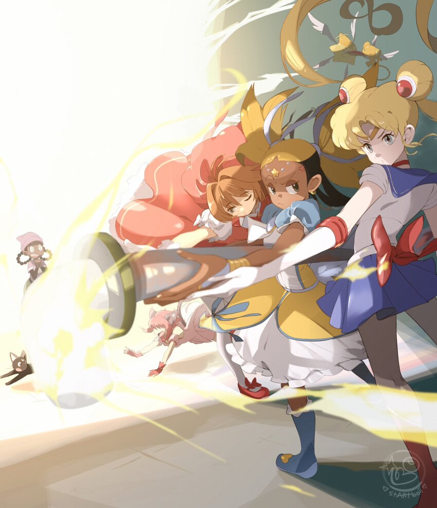 5girls aika_(kiana_mai) bishoujo_senshi_sailor_moon black_cat blonde_hair cardcaptor_sakura cat crossover dark-skinned_female dark_skin dress highres hoshi_(kiana_mai) i_don&#039;t_want_to_be_a_magical_girl kero_(cardcaptor_sakura) kinomoto_sakura kinomoto_sakura_(magician) luna_(sailor_moon) magical_girl mew_ichigo momomiya_ichigo multiple_girls sailor_moon sailor_senshi sailor_senshi_uniform star_guardian:_guardian_of_the_stars startboii tokyo_mew_mew tsukino_usagi zira_(kiana_mai)