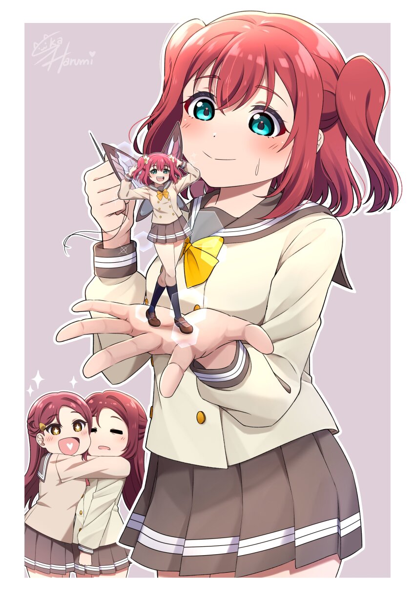+_+ 4girls :d absurdres aqua_eyes artist_name black_socks blush border bow bowtie brown_footwear buttons closed_eyes closed_mouth commentary cowboy_shot double-breasted dual_persona english_commentary fairy fairy_wings flower genjitsu_no_yohane grey_background grey_sailor_collar grey_skirt hair_flower hair_ornament half_updo heart heart_in_mouth highres holding_sewing_needle hug in_palm kneehighs kurosawa_ruby loafers long_sleeves looking_at_another love_live! love_live!_sunshine!! mini_person minigirl miniskirt multiple_girls open_mouth outline pleated_skirt red_hair riko_(genjitsu_no_yohane) ruby_(genjitsu_no_yohane) sailor_collar sakurauchi_riko school_uniform self_cosplay serafuku shirt shoes signature simple_background ska.harumi skirt smile socks sparkle split_mouth standing sweatdrop teeth thread two_side_up upper_teeth_only uranohoshi_school_uniform white_border white_footwear white_outline white_shirt wings winter_uniform yellow_bow yellow_bowtie yellow_eyes