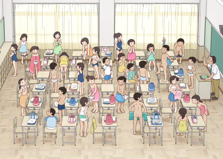 6+boys 6+girls changing_clothes classroom desk indoors kiyo_(kyokyo1220) loli multiple_boys multiple_girls naked_towel original panties penis school_desk school_swimsuit shota smile swimsuit teacher towel underwear white_panties