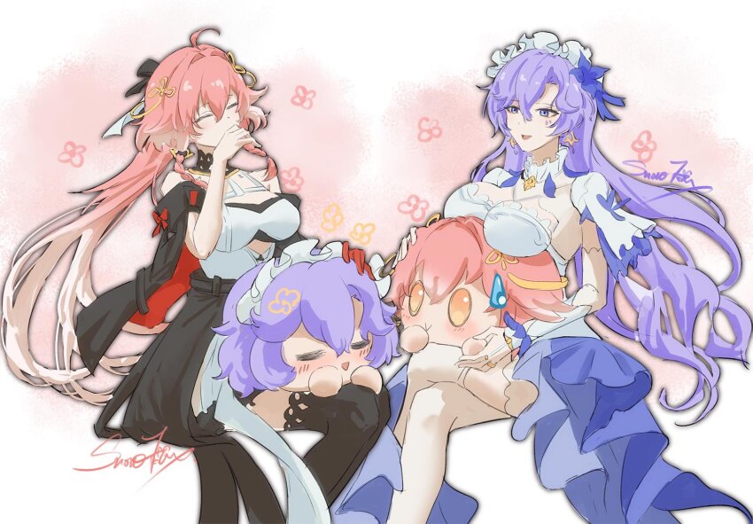 2girls ahoge bare_shoulders black_collar black_jacket black_thighhighs braid breasts cantarella_(wuthering_waves) changli_(wuthering_waves) closed_eyes collar commentary_request covering_own_mouth crossed_legs dress earrings facial_mark facing_another flower hair_ears hair_extensions hair_flower hair_ornament headdress highres jacket jewelry large_breasts long_hair looking_at_another mark_under_eye multicolored_hair multiple_girls objectification pink_hair purple_flower purple_hair ring_hair_extensions shrug_(clothing) signature sitting thighhighs twin_braids two-tone_hair very_long_hair white_dress white_hair white_shrug wuthering_waves yukikitsune_kuutachibana