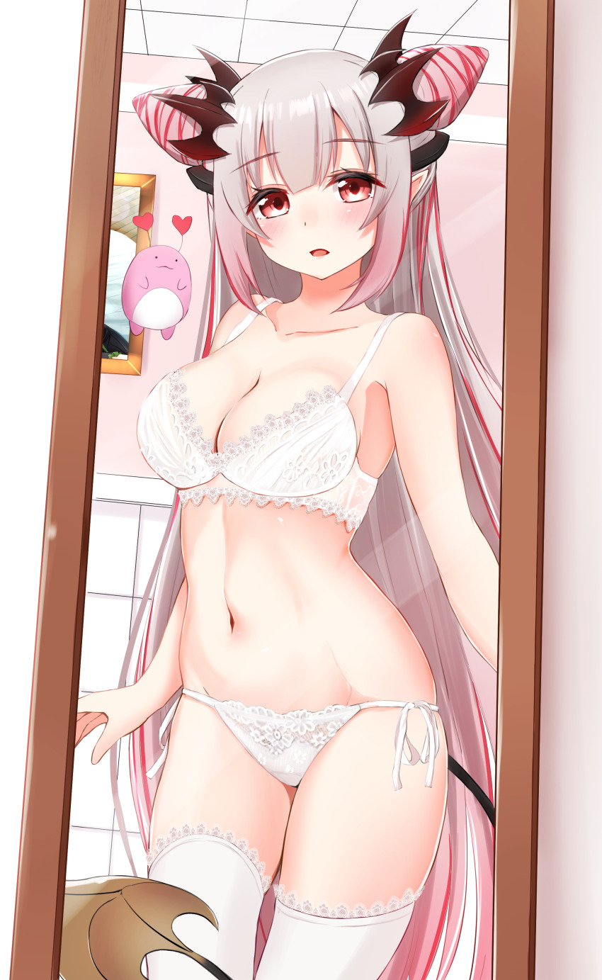 1girl absurdres bare_shoulders bra breasts cleavage collarbone commentary_request cone_hair_bun cowboy_shot creature demon_tail ex_idol grey_hair groin hair_bun hair_ornament highres honey_strap kanikama_(suou_patra) lingerie long_hair looking_at_viewer medium_breasts multicolored_hair nanashi_inc. navel panties parted_lips pointy_ears red_eyes side-tie_panties stomach streaked_hair suou_patra tail thighhighs underwear underwear_only very_long_hair virtual_youtuber white_bra white_panties white_thighhighs