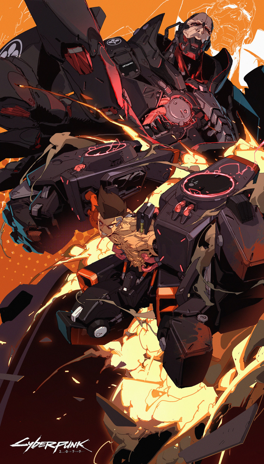 2boys abs absurdres adam_smasher airborne artificial_eyes black_eyes brown_hair cable clenched_hands clenched_teeth commentary cyber_skeleton_(cyberpunk) cyberpunk_(series) cyberpunk_edgerunners cyborg david_martinez english_commentary exoskeleton explosion fire glowing head_tilt highres logo male_focus mohawk multiple_boys open_hand orange_background oversized_limbs piston science_fiction teeth topless_male v-shaped_eyebrows wenxu_xu
