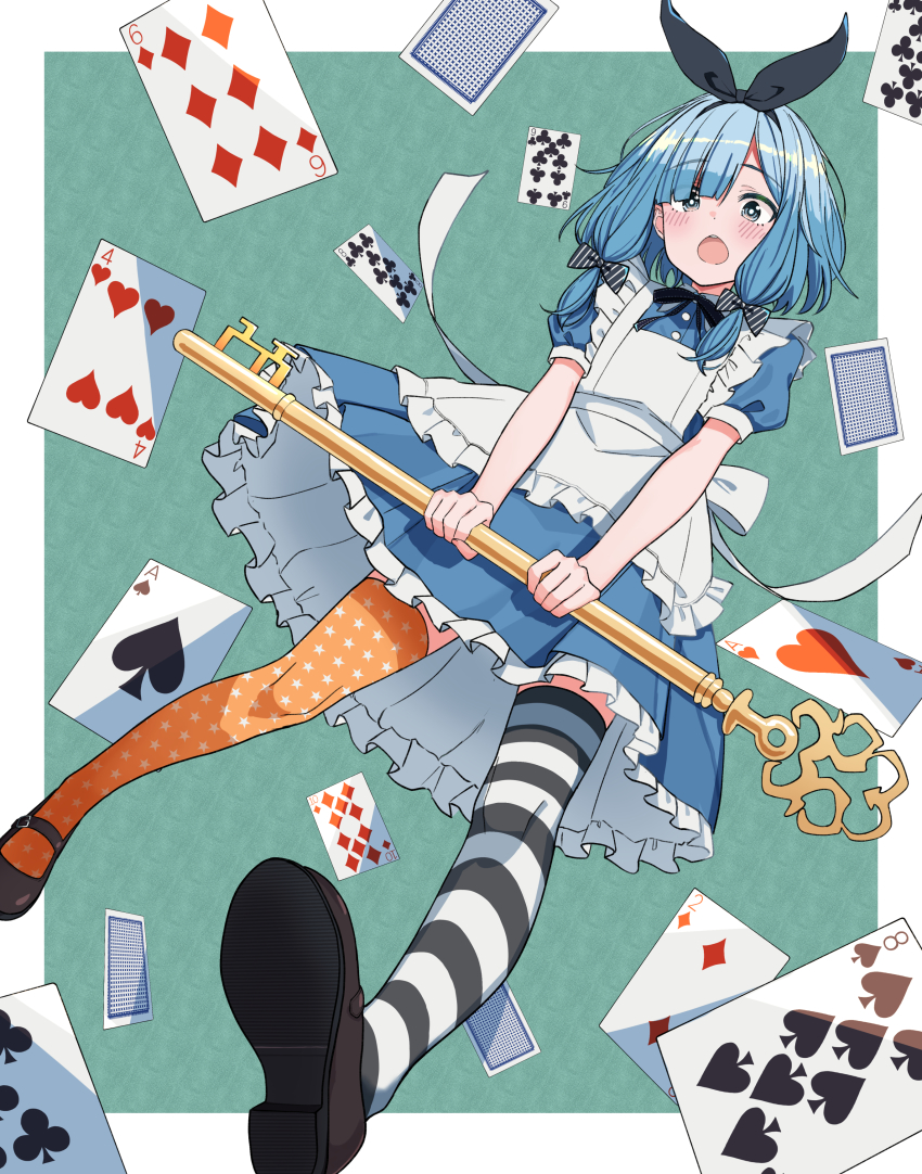 1girl :o absurdres alice_(alice_in_wonderland) alice&#039;s_adventures_in_wonderland apron asymmetrical_legwear black_bow black_footwear black_hairband blue_dress blue_eyes blue_hair blush bow breasts dress floating_card full_body hair_bow hairband highres holding holding_key key long_hair looking_at_viewer low_twintails open_mouth oversized_object polka_dot_thighhighs puffy_short_sleeves puffy_sleeves short_sleeves small_breasts solo striped_bow striped_clothes striped_thighhighs thighhighs twintails urushiushiru white_apron