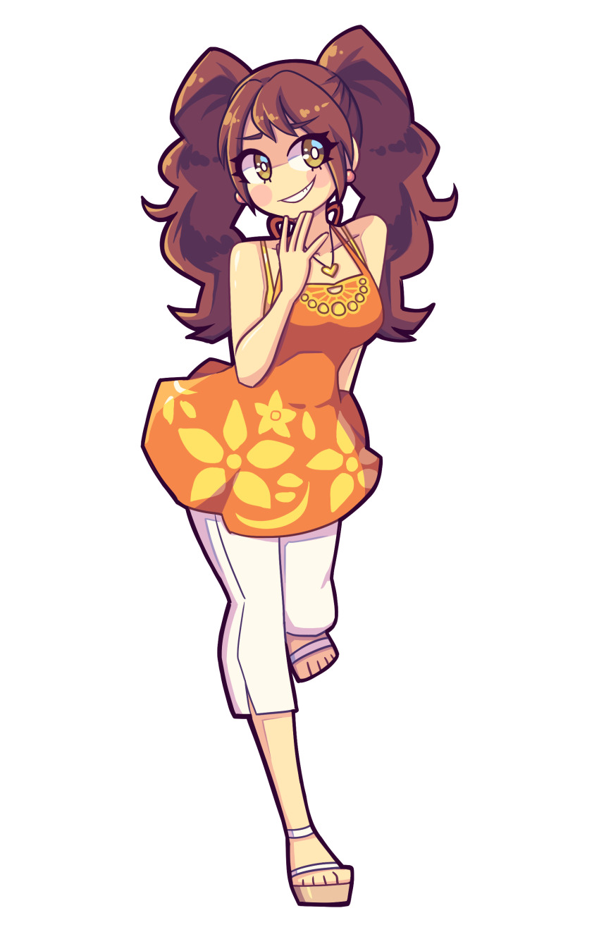 1girl absurdres brown_hair commission daigada dress feet highres kujikawa_rise orange_shirt pants persona persona_4 sandals shirt sleeveless sleeveless_dress transparent_background twintails white_pants