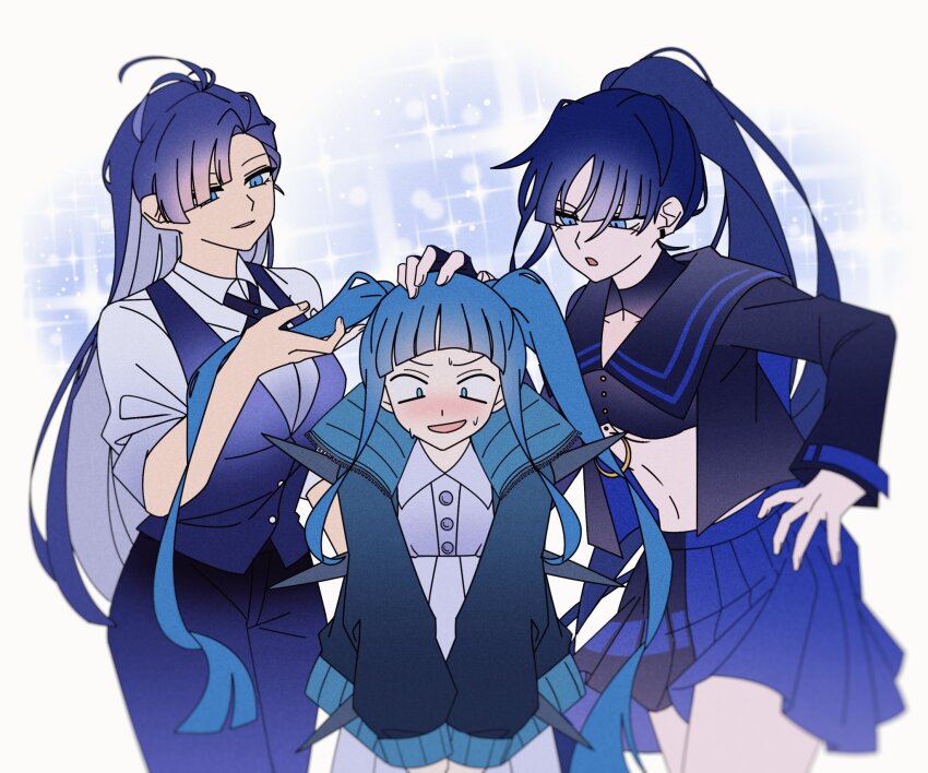 3girls ado_(utaite) ahoge animal_ears black_pants black_ribbon black_shirt black_skirt blue_eyes blue_hair blue_jacket blue_skirt blue_vest collared_shirt commentary_request dress_shirt hand_on_own_hip headpat highres holding_another&#039;s_hair jacket long_hair merry_(ado) midriff multiple_girls naima_(ado) navel neck_ribbon nervous_sweating open_clothes open_mouth open_shirt pants pike_(azas_ef) pleated_skirt ponytail readymade_(ado) ribbon rule-chan_(ado) rule_(ado) shirt skirt sweat twintails two-tone_skirt usseewa vest white_shirt