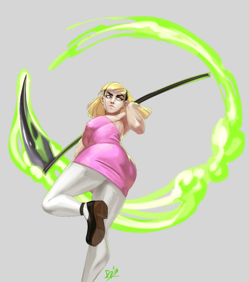 1girl aged_up bare_shoulders blonde_hair breasts commentary curvy diepod dress eyeliner female_focus grey_background hairband highres large_breasts long_hair makeup mandy_(grim_adventures) mary_janes no_bra over_shoulder pantyhose pink_dress scythe shoes solo strapless strapless_dress the_grim_adventures_of_billy_&amp;_mandy thick_eyebrows weapon weapon_over_shoulder white_pantyhose