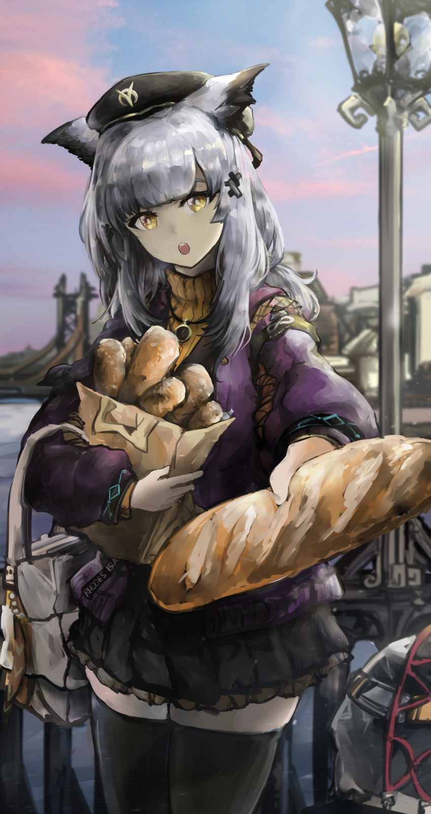 1girl :o absurdres arknights bag black_hat black_thighhighs bread bridge bright_pupils cowboy_shot evening food grey_hair hair_ornament hat highres holding holding_bag holding_food infection_monitor_(arknights) jacket lamppost long_hair long_sleeves looking_at_viewer open_mouth orange_eyes owl_ears ptilopsis_(arknights) ptilopsis_(serenity)_(arknights) purple_jacket skirt solo sweater teeth thighhighs turtleneck turtleneck_sweater upper_teeth_only vyragami white_pupils yellow_eyes zettai_ryouiki