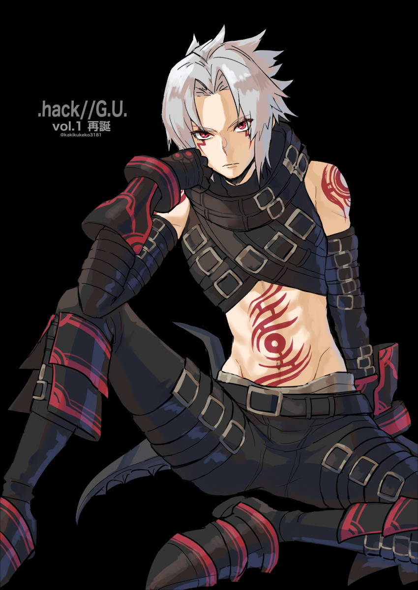 .hack// .hack//g.u. 1boy absurdres albino armor belt black_background detached_sleeves english_text facial_mark full_body gloves grey_hair haseo_(.hack//) highres kakikuyeko3181 knee_up looking_at_viewer male_focus midriff navel red_eyes short_hair sitting solo spiked_hair tattoo twitter_username