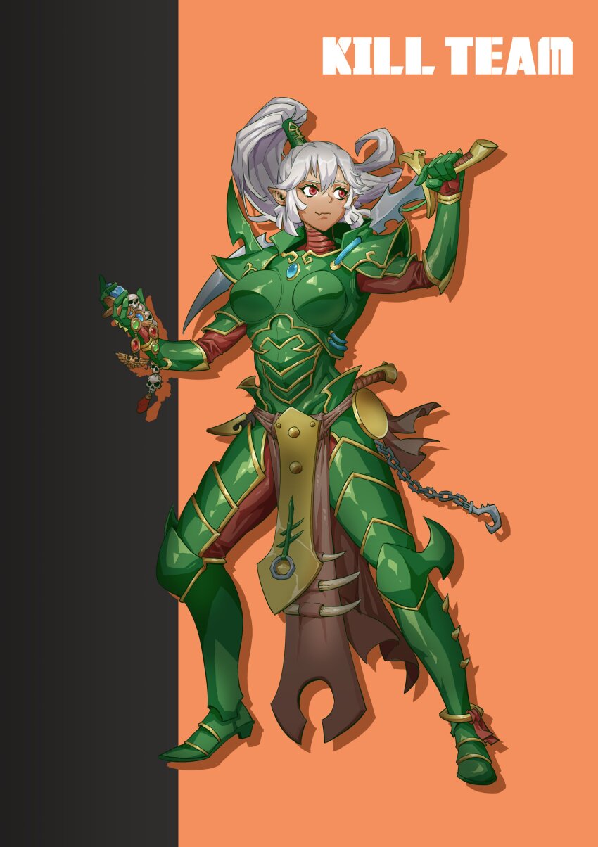 1girl absurdres armor boobplate breastplate breasts chain commentary dark-skinned_female dark_eldar dark_skin eldar english_commentary fang full_armor full_body grey_hair hair_tubes high_ponytail highres holding holding_sword holding_weapon loincloth medium_breasts ponytail red_eyes rmulderz skin_fang solo sword warhammer_40k weapon