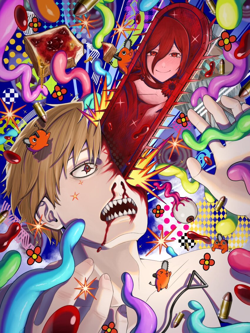 1boy blonde_hair blood blood_on_face bread bread_slice bullet chainsaw chainsaw_man denji_(chainsaw_man) eyeball food highres jam kanta_sushi open_mouth pochita_(chainsaw_man) pull_string red_eyes reze_(chainsaw_man) sharp_teeth short_hair teeth toast