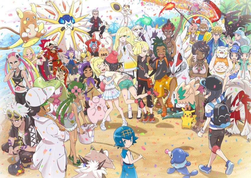6+boys 6+girls :d absurdres acerola_(pokemon) ahoge alolan_dugtrio alolan_form alolan_marowak alolan_raichu arm_up backpack bag bare_arms baseball_cap beanie belt bettie_(pokemon) black_bag black_hair black_pants blonde_hair blue_hair blue_pants bonnet capri_pants cellphone clefairy closed_mouth commentary_request confetti crying dark-skinned_female dark-skinned_male dark_skin day dress elio_(pokemon) facepaint facial_hair fire fishing_rod gen_1_pokemon gen_4_pokemon gen_6_pokemon gen_7_pokemon gladion_(pokemon) gloves green-framed_eyewear green_shorts grey_hair guzma_(pokemon) hair_bun hairband hala_(pokemon) hands_on_own_hips hands_up hapu_(pokemon) hat hau_(pokemon) highres holding holding_fishing_rod holding_phone hood hooded_jacket hoodie hoopa hoopa_(confined) hug ilima_(pokemon) jacket jewelry jumpsuit kahili_(pokemon) kiawe_(pokemon) knees kukui_(pokemon) lab_coat lana_(pokemon) legendary_pokemon lillie_(pokemon) litten long_hair looking_back lusamine_(pokemon) lycanroc lycanroc_(midday) lycanroc_(midnight) mallow_(pokemon) meowth microphone_stand mimikyu mina_(pokemon) molayne_(pokemon) multicolored_hair multiple_boys multiple_girls mustache mythical_pokemon nail_polish nanu_(pokemon) necklace nintendo olivia_(pokemon) on_head open_mouth orange_hair outdoors palossand pants pheromosa phone pikachu pink_hair pleated_skirt plumeria_(pokemon) pokemoa pokemon pokemon_(creature) pokemon_masters_ex pokemon_on_head pokemon_sm ponytail porygon poryphone pot purple_hair quad_tails red_headwear red_pants red_shirt ribombee riding riding_pokemon rotom rotom_dex rowlet ryuki_(pokemon) sand sandals scottie_(pokemon) selene_(pokemon) shirt shoes short_hair short_sleeves shorts silvally single_hair_bun skirt smile solgaleo sophocles_(pokemon) squatting standing sunglasses toenail_polish toenails togedemaru topless_male toucannon tsareena twintails two-tone_hair ultra_beast visor_cap white_footwear white_hair white_headwear white_shirt white_skirt yellow_shirt
