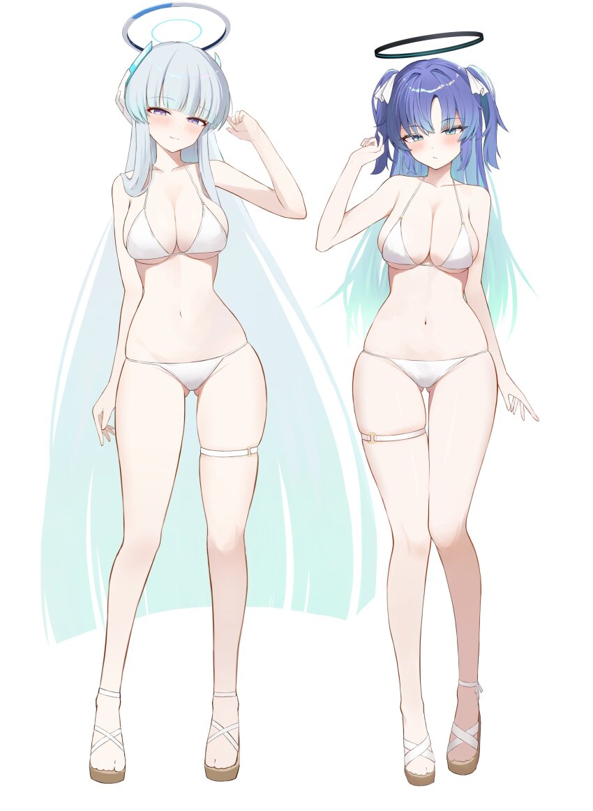 2girls absurdres aipa alternate_costume alternate_hairstyle bare_shoulders bikini black_halo blue_archive blue_eyes blue_hair blush breasts cleavage closed_mouth collarbone commentary full_body gluteal_fold gradient_hair grey_hair grey_halo halo halterneck hand_up highres large_breasts light_smile long_hair looking_at_viewer mechanical_halo multicolored_hair multiple_girls navel noa_(blue_archive) o-ring o-ring_thigh_strap purple_eyes sandals simple_background skindentation stomach string_bikini swimsuit thigh_strap very_long_hair white_background white_bikini yuuka_(blue_archive)