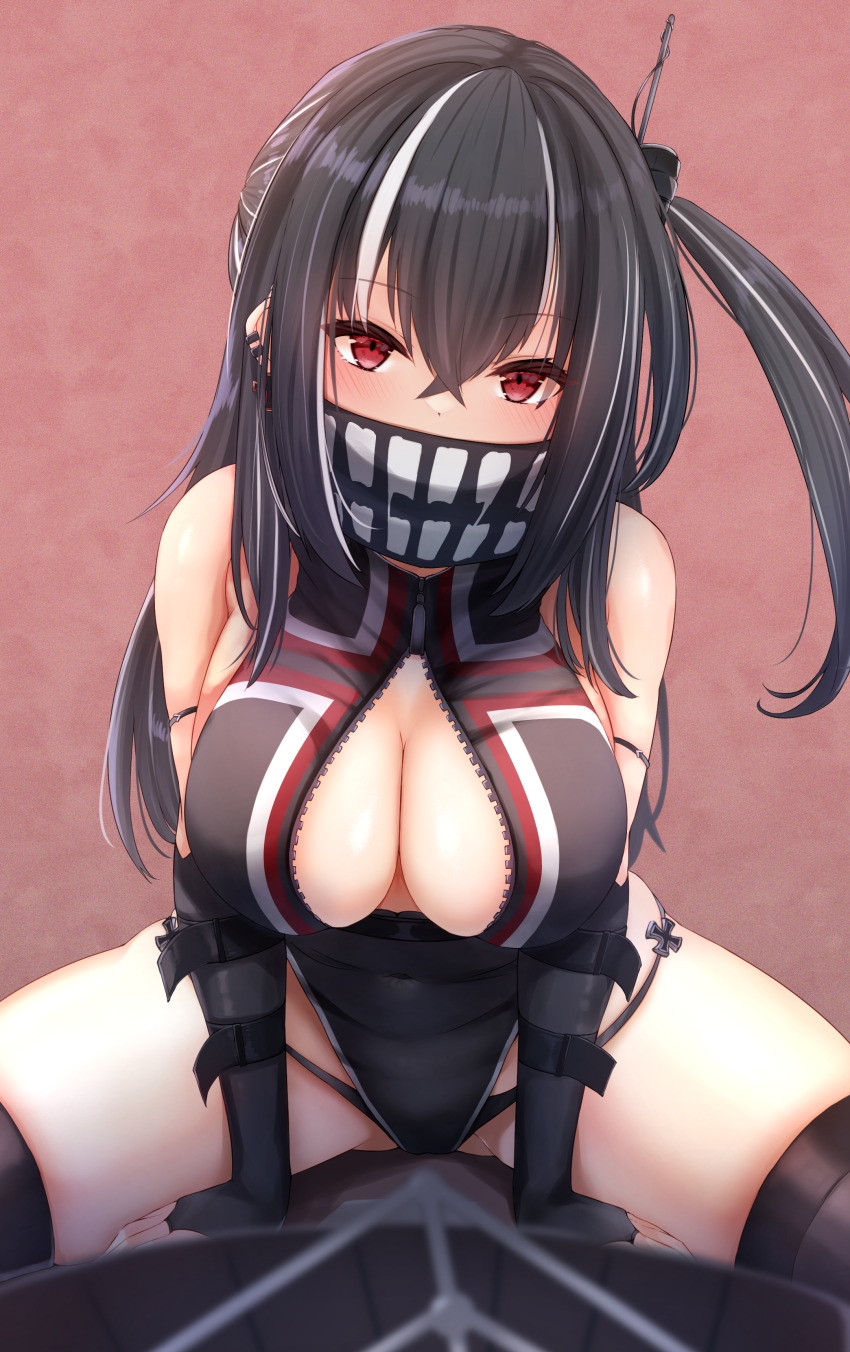 1girl absurdres arm_strap azur_lane bare_shoulders bikini bikini_under_clothes black_bikini black_gloves black_hair black_one-piece_swimsuit breasts cleavage covered_mouth covered_navel cross earrings elbow_gloves fingerless_gloves front_zipper gloves hair_between_eyes highres hip_focus iron_cross jewelry large_breasts leaning_forward long_hair looking_at_viewer medium_breasts multicolored_hair multiple_earrings one-piece_swimsuit partially_unzipped red_eyes riding rigging scarf side_ponytail skin_tight solo staring straddling streaked_hair submarine swimsuit thighhighs thighs two-tone_hair u-47_(azur_lane) v_arms very_long_hair watercraft white_hair yuu_cream