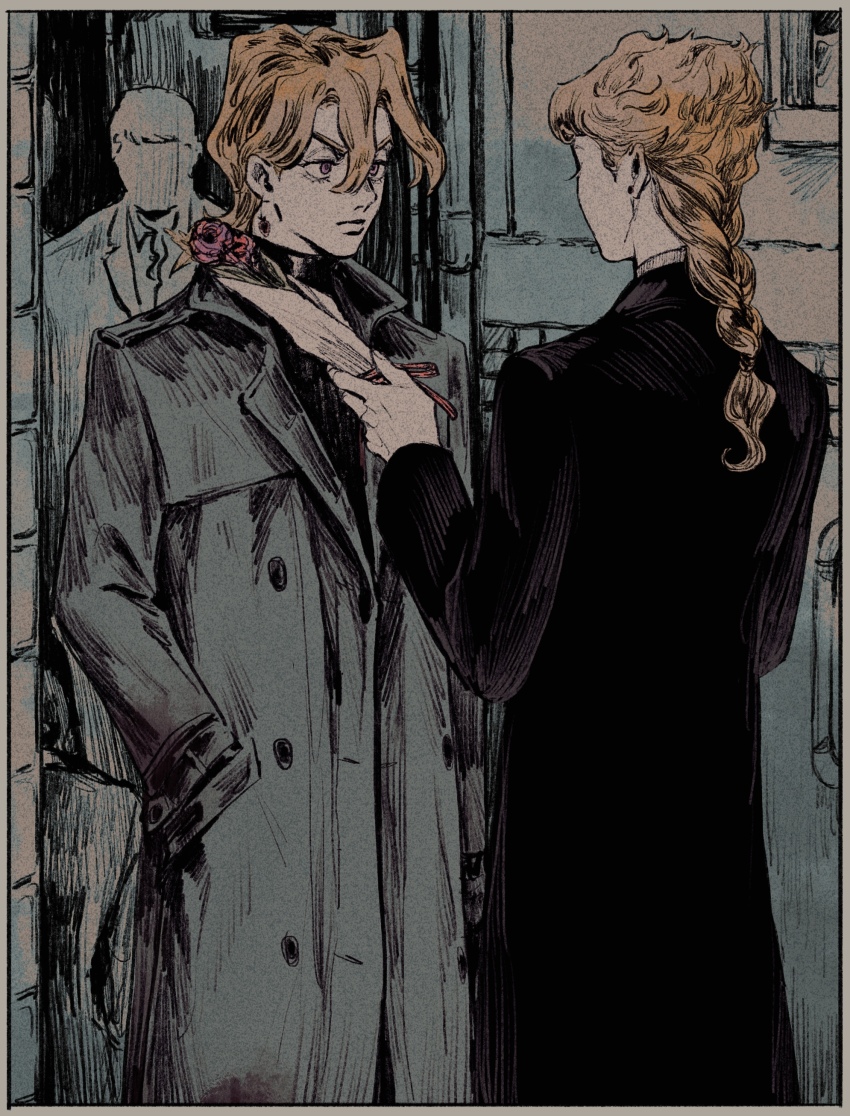 2boys absurdres back black_coat blonde_hair border bouquet braid coat collared_coat colored_eyelashes double-parted_bangs earrings film_grain flower food-themed_earrings food_themed_earrings giorno_giovanna grey_coat hair_between_eyes hand_in_pocket highres holding holding_bouquet jewelry jojo_no_kimyou_na_bouken long_coat looking_at_another male_focus multiple_boys okokoro_zaiku outdoors pannacotta_fugo standing strawberry_earrings stud_earrings turtleneck vento_aureo white_border