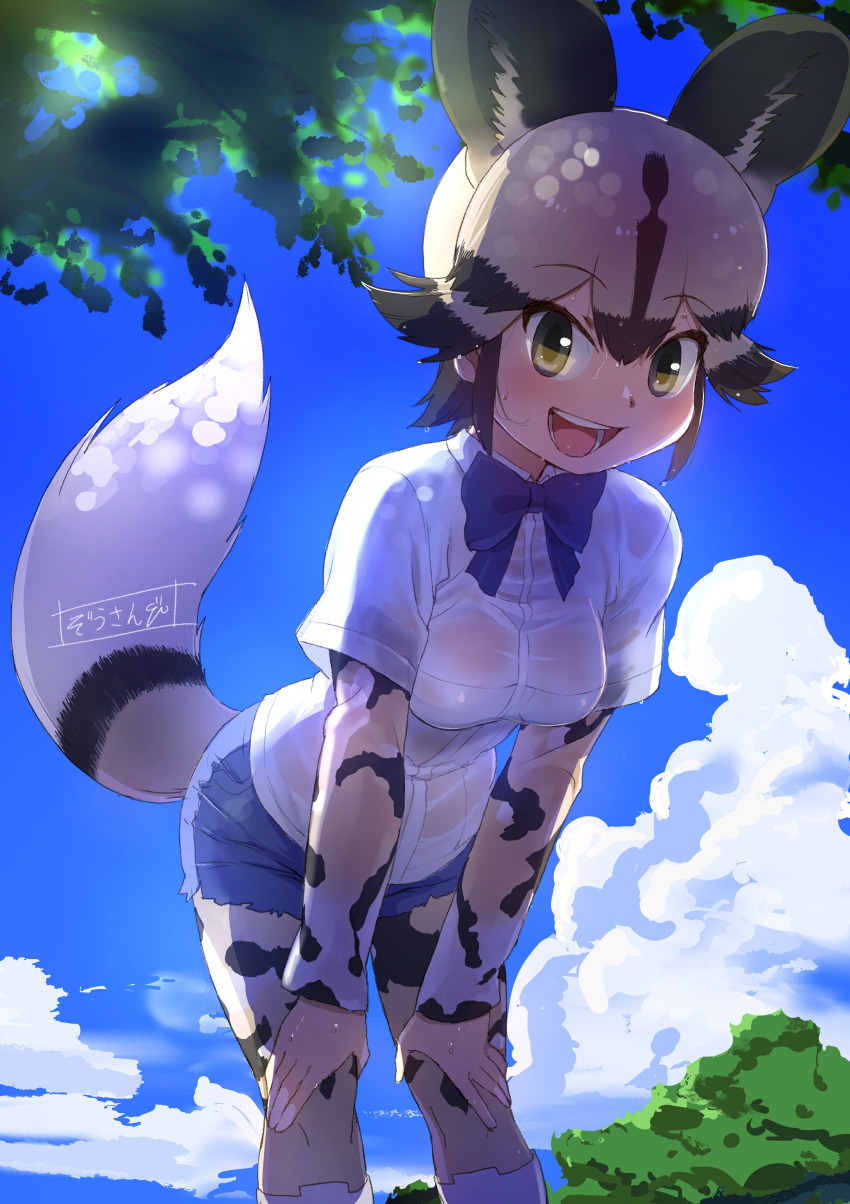 1girl :d absurdres african_wild_dog_(kemono_friends) animal_ears animal_print backlighting black_hair blue_sky blush bow bowtie breasts brown_hair cloud collared_shirt commentary day denim denim_shorts dog_ears dog_girl dog_tail extra_ears gloves green_eyes hands_on_own_knees highres kemono_friends layered_sleeves leaning_forward legs_apart light_brown_hair long_sleeves looking_at_viewer masuyama_ryou medium_breasts multicolored_hair open_mouth outdoors outstretched_arms pantyhose pantyhose_under_shorts print_pantyhose print_sleeves round_teeth see-through_clothes see-through_shirt shirt short_hair short_over_long_sleeves short_shorts short_sleeves shorts sky smile solo standing sweat tail teeth tree two-tone_hair upper_teeth_only wet wet_clothes wet_face wet_hair wet_shirt white_shirt