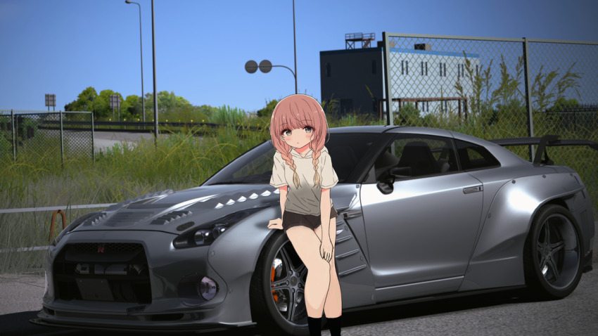 1girl blonde_hair braid car grey_car leaning_on_object low_twin_braids motor_vehicle nissan nissan_gt-r pink_hair sakana61 twin_braids