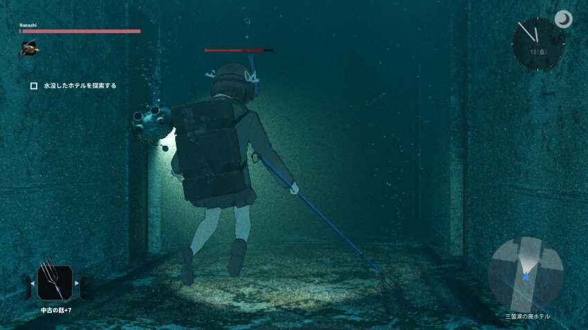1girl black_hair diving drone fake_screenshot hair_ribbon harpoon highres holding_harpoon hood hooded_jacket jacket lost_property_control_organization_(samidare) minimap protagonist_(lost_property_control_organization) ribbon samidare_(hoshi) skirt snorkel underwater user_interface white_ribbon