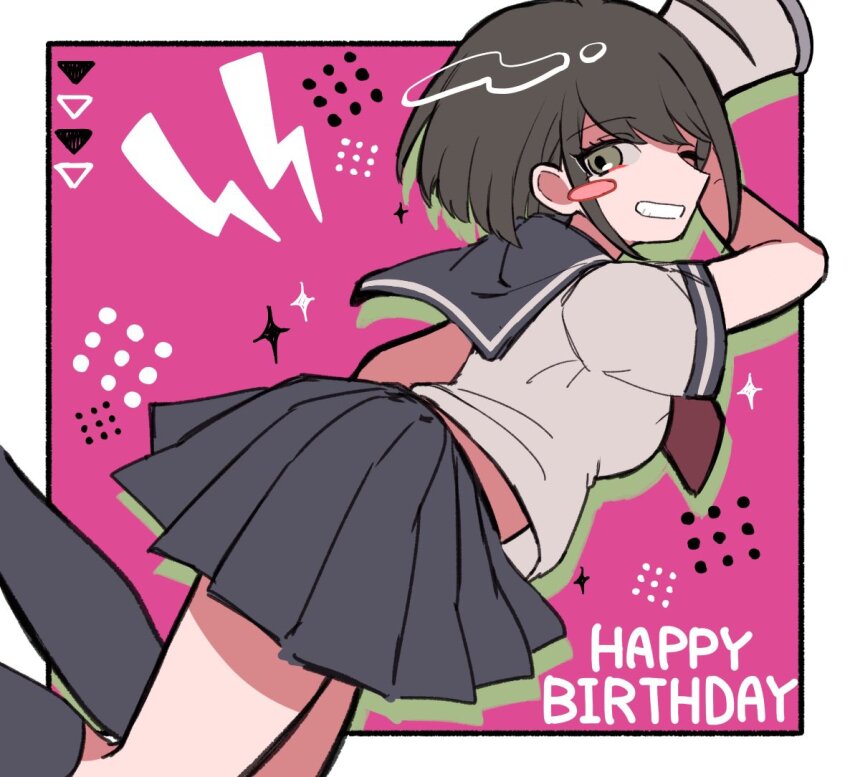 1girl ahoge blue_sailor_collar blue_skirt blue_socks blush blush_stickers border danganronpa_(series) danganronpa_another_episode:_ultra_despair_girls drop_shadow eyelashes green_eyes green_hair happy_birthday holding holding_megaphone kneehighs lightning_bolt_symbol megaphone naegi_komaru neckerchief one_eye_closed red_neckerchief sailor_collar school_uniform serafuku shirt short_hair short_sleeves skirt smile socks solo t41d4 teeth white_border white_shirt