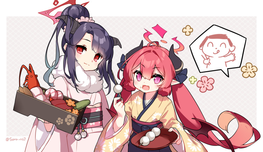 1boy 2girls :d ahoge doodle_sensei_(blue_archive) black_hair black_hakama blue_archive blush brown_kimono closed_mouth commentary_request dango fang flower food food_on_face fuuka_(blue_archive) fuuka_(new_year)_(blue_archive) grey_background hair_between_eyes hair_bun hair_flower hair_ornament hakama hakama_skirt halo highres holding holding_tray horns japanese_clothes junko_(blue_archive) kimono low_twintails multiple_girls obi open_mouth parted_bangs pink_flower pointy_ears purple_eyes red_hair saru sash sensei_(blue_archive) skirt smile tray twintails twitter_username wagashi white_kimono