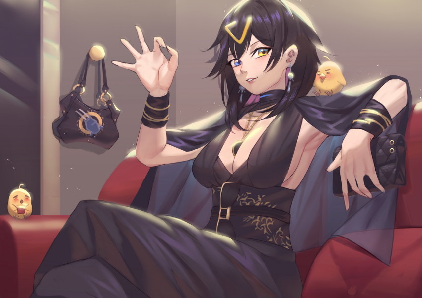 azur_lane bad_id bad_pixiv_id bag bangle between_breasts black_shirt bracelet breasts cleavage cloak couch earrings multiple_expressions georgia_(azur_lane) georgia_(south_town_pearl)_(azur_lane) glass handbag heterochromia highres jacket jacket_over_shoulder jewelry jmao large_breasts necklace shirt short_hair_with_long_locks star-shaped_eyewear star_(symbol) star_earrings sunglasses sunglasses_removed unworn_eyewear unworn_jacket