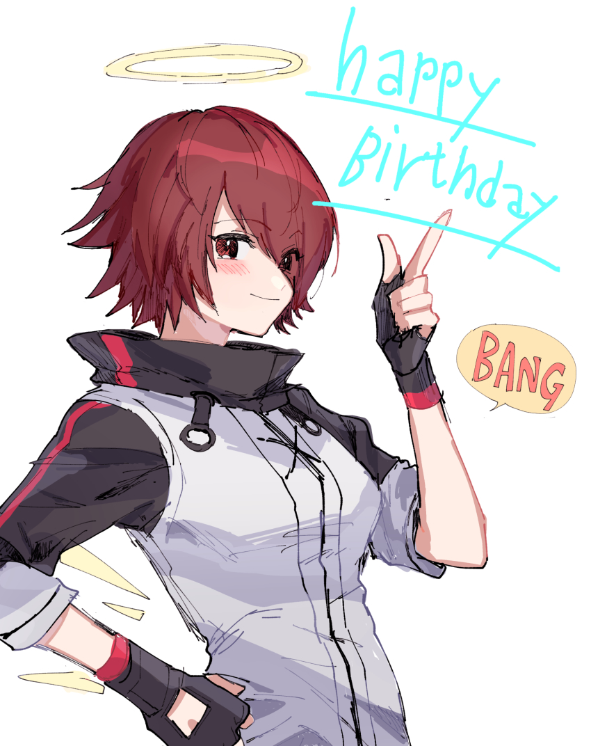 1girl arknights bang_(gesture) black_gloves black_jacket blush closed_mouth commentary_request energy_wings english_text exusiai_(arknights) eyes_visible_through_hair finger_gun fingerless_gloves gloves hair_over_one_eye halo hand_on_own_hip hand_up happy_birthday highres jacket looking_at_viewer multicolored_jacket na_tarapisu153 red_eyes red_hair short_hair smile solo two-tone_jacket upper_body white_background white_jacket