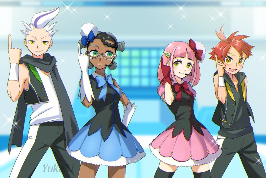 2boys 2girls amarys_(pokemon) arched_bangs black_hair blue_ribbon bow braid closed_mouth cosplay crispin_(pokemon) crossover dark-skinned_female dark_skin drayton_(pokemon) dress glasses gloves green_eyes grey_eyebrows hair_ornament hairclip highres idol kanbara_akihito kanbara_akihito_(cosplay) kuriyama_mirai kuriyama_mirai_(cosplay) kyoukai_no_kanata lacey_(pokemon) medium_hair microphone mismatched_eyebrows multicolored_hair multiple_boys multiple_girls nase_hiroomi nase_hiroomi_(cosplay) nase_mitsuki nase_mitsuki_(cosplay) neck_ribbon nintendo open_mouth orange_hair pink_hair pokemon pokemon_sv purple_hair quad_tails red_bow red_gloves red_hair red_ribbon ribbon semi-rimless_eyewear short_hair single_braid smile streaked_hair two-tone_hair white_gloves white_hair yellow_eyes yukari_(yukari21653710)