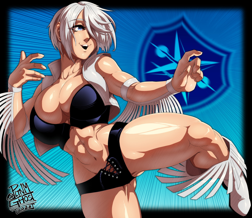 1girl abs absurdres angel_(kof) biceps boots breasts cosplay cowboy_boots dead_or_alive hair_over_one_eye highres large_breasts muscular muscular_female navel obliques pltnm_ghost snk the_king_of_fighters thick_thighs thighs tina_armstrong tina_armstrong_(cosplay) toned wrestling wrestling_boots wrestling_outfit