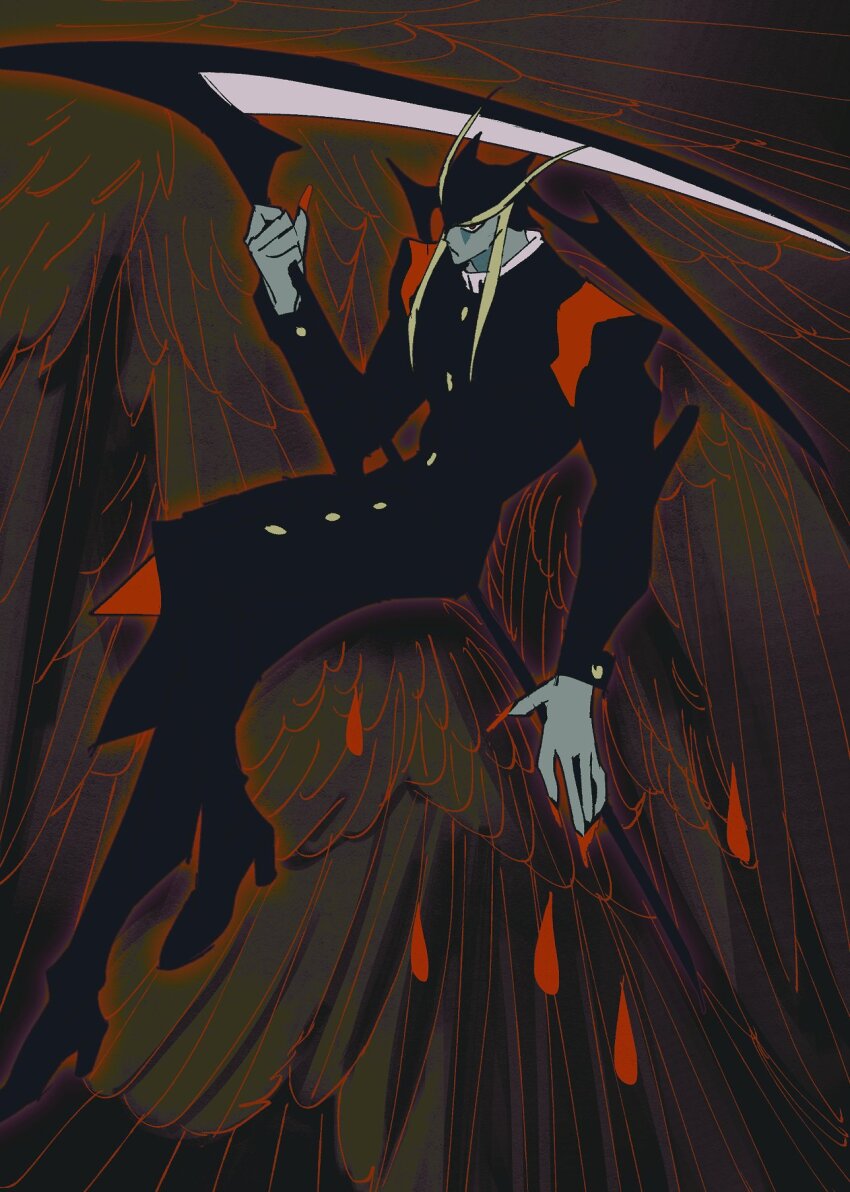 1boy black_suit blonde_hair capcom colored_skin darkstalkers formal_clothes grey_skin head_wings highres jedah_dohma looking_at_viewer nun_0_nun scythe shinigami solo_focus suit wings