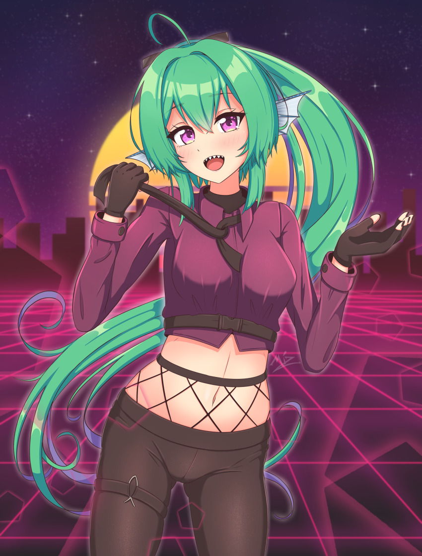 1girl absurdres ahoge belt black_gloves black_nails breasts dress_shirt finana_ryugu finana_ryugu_(3rd_costume) fishnets gloves green_hair highres leggings long_hair long_sleeves looking_at_viewer medium_breasts mischiefmiz navel nijisanji nijisanji_en pants pink_eyes ponytail sharp_teeth shirt simple_background smile solo standing synthwave teeth thighs tight_clothes tight_pants vaporwave virtual_youtuber wireframe