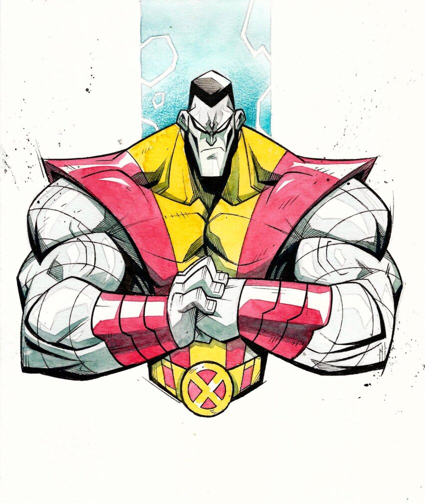 1boy black_hair bodysuit colossus_(x-men) fist_in_hand flattop frown highres kevin_shah male_focus marvel metal_skin muscular muscular_male no_pupils red_bodysuit serious short_hair superhero_costume two-tone_bodysuit wrist_guards x-men yellow_bodysuit