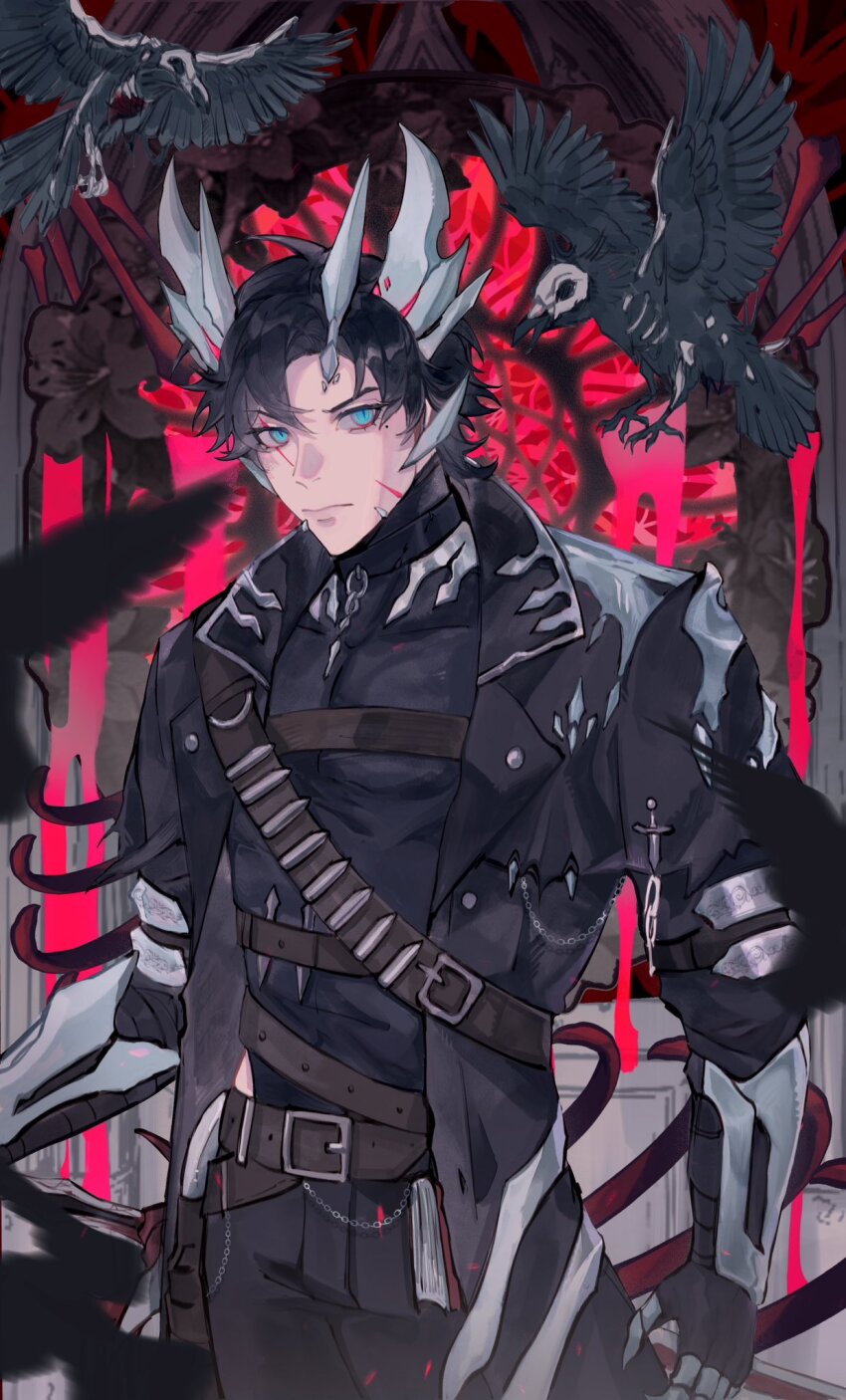 1boy adapted_costume animal_skeleton armored_gloves bandolier belt bird black_coat black_jacket black_pants black_shirt blue_eyes blue_horns bone bone_armor bullet coat crow dragon_boy dragon_horns fire flame_print goth_fashion highres horns horror_(theme) jacket kamen_rider kamen_rider_saber kamen_rider_saber_(series) kamen_rider_saber_primitive_dragon_brave_dragon kamiyama_touma long_coat long_jacket meowq pants red_sky scar scar_across_eye scar_on_face sharp_teeth shirt sky standing teeth torn_clothes torn_pants window